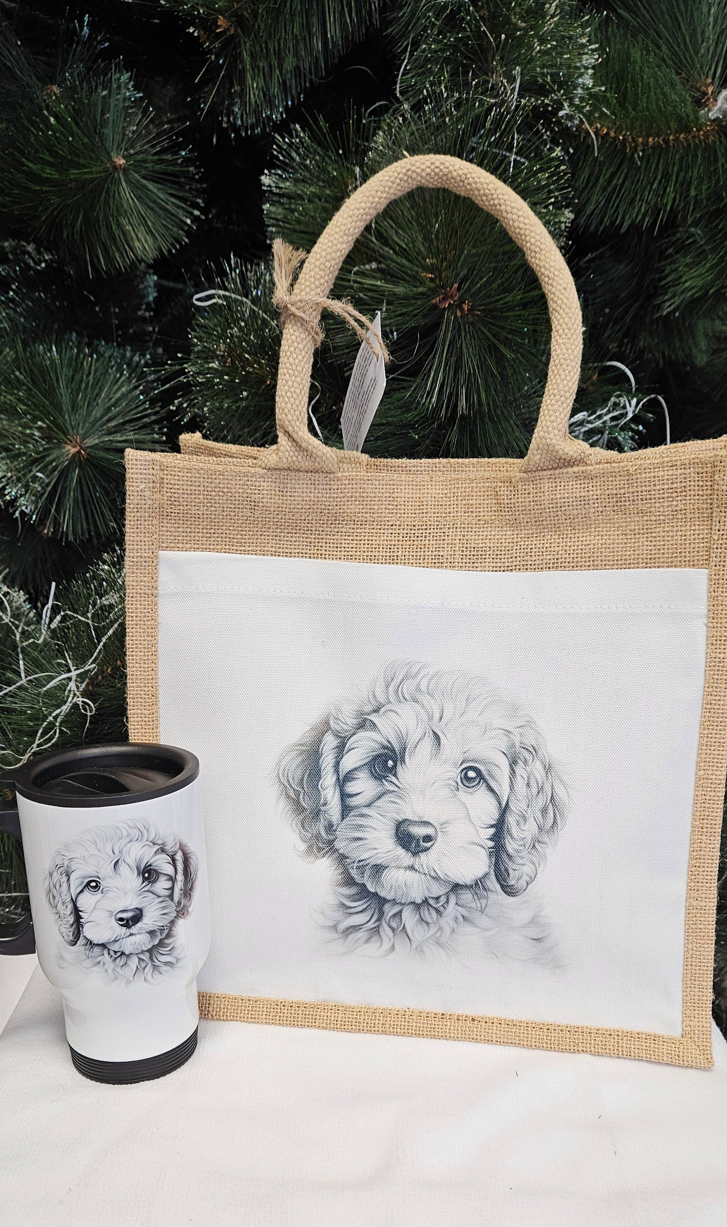 Sketchy Cockerpoo bag and travel mug set