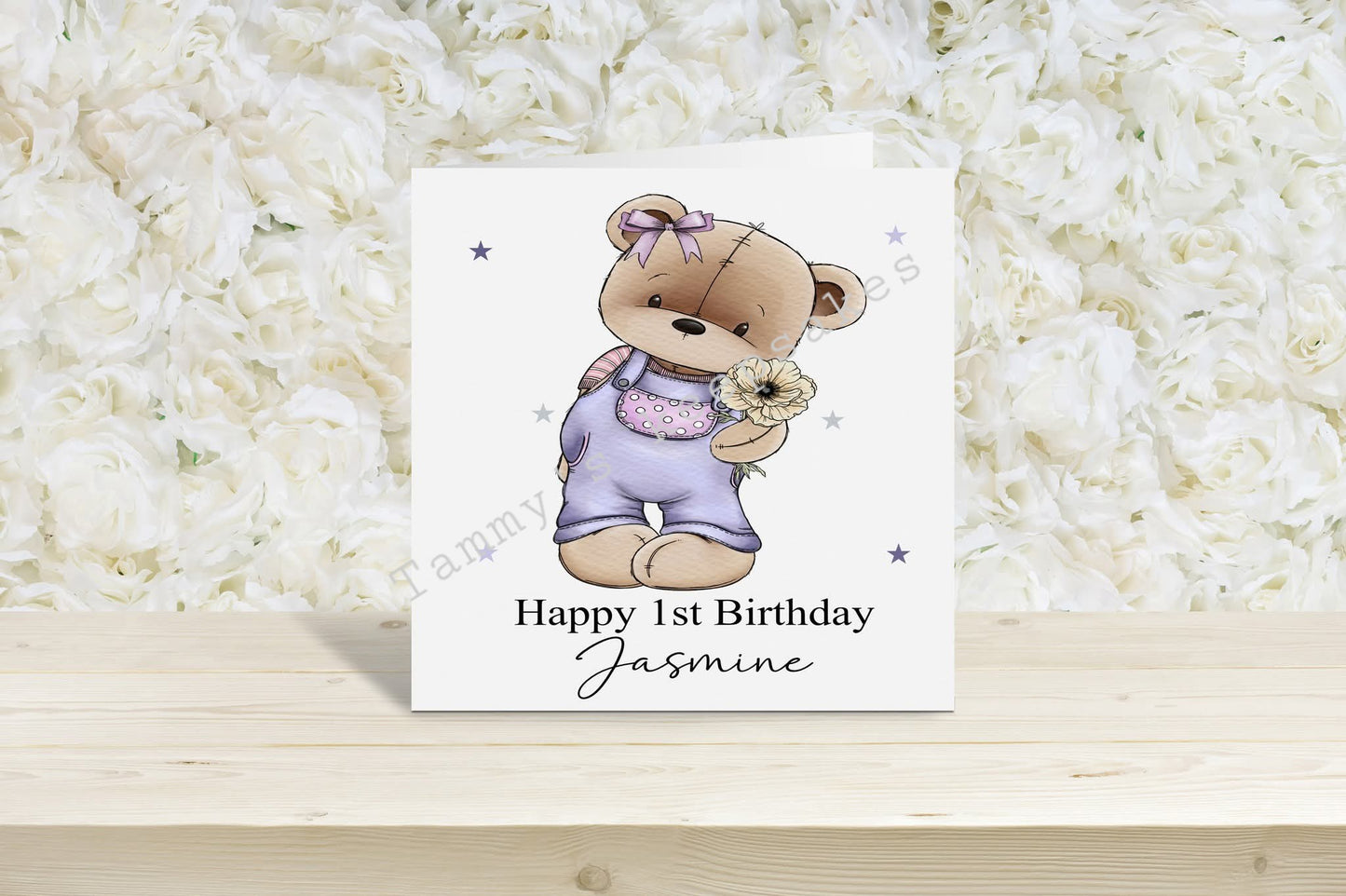 Dungaree bear 1st birthday card