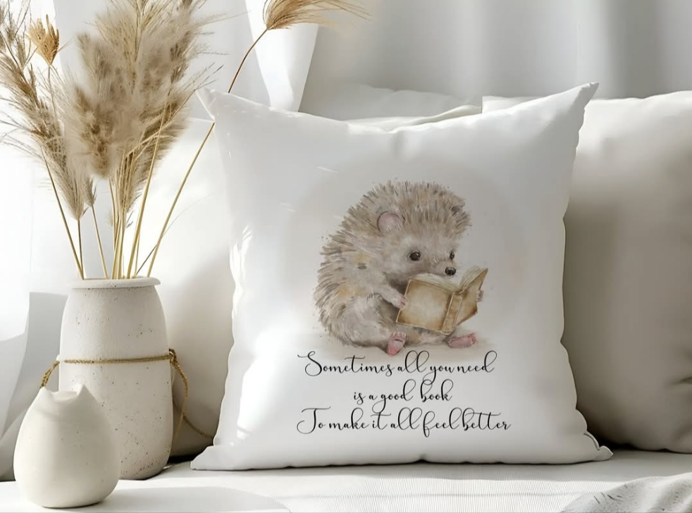 Reading hedgehog cushion