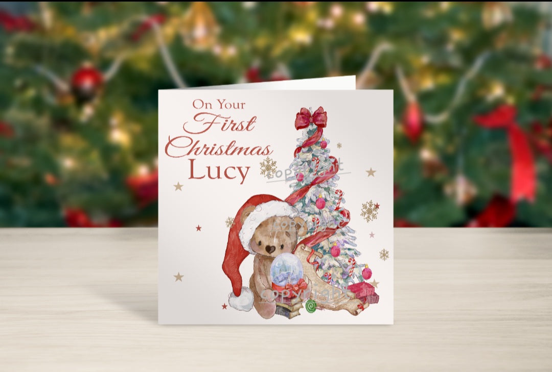 Red bear Baby's first Christmas card