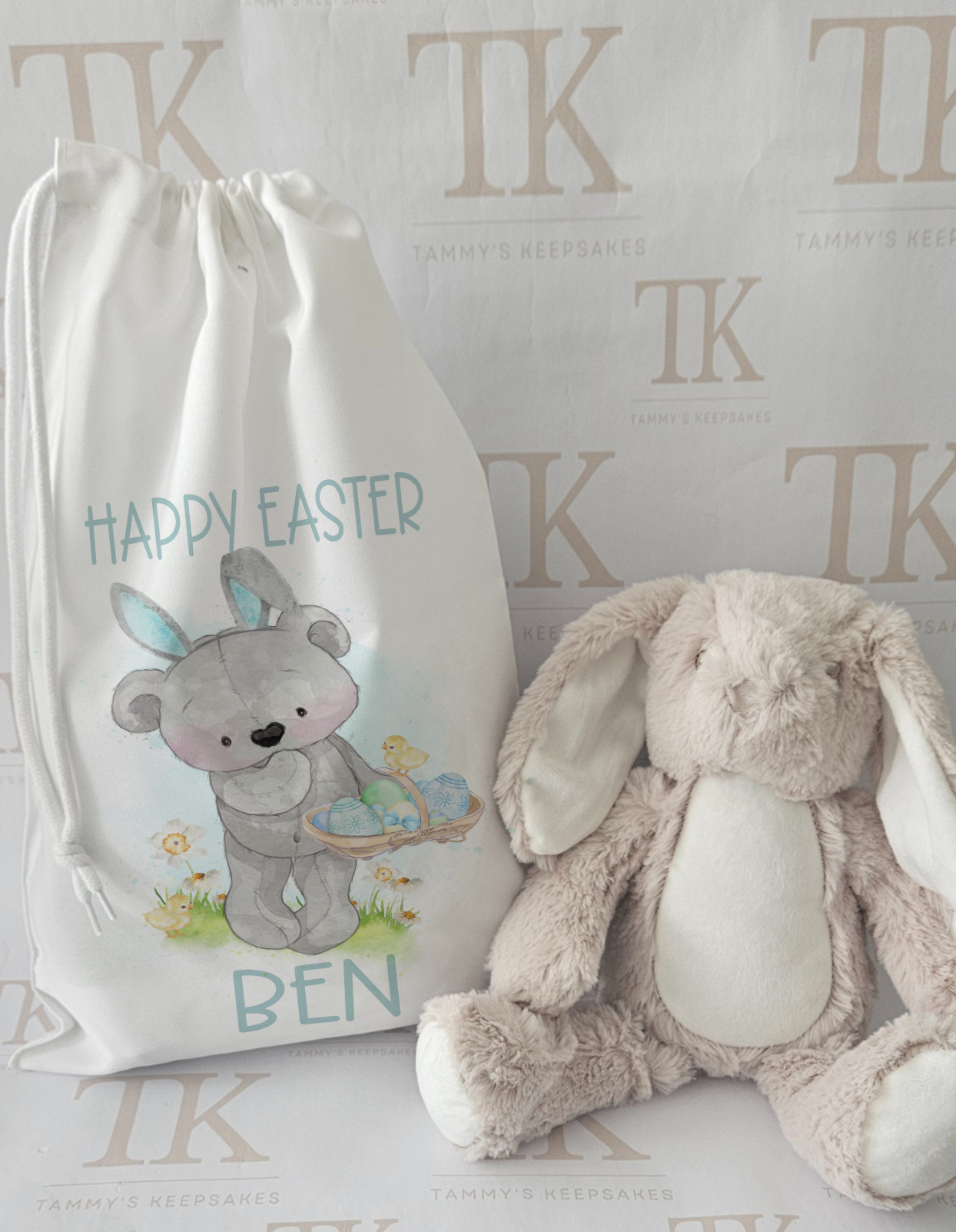 Happy easter grey bear drawstring bag