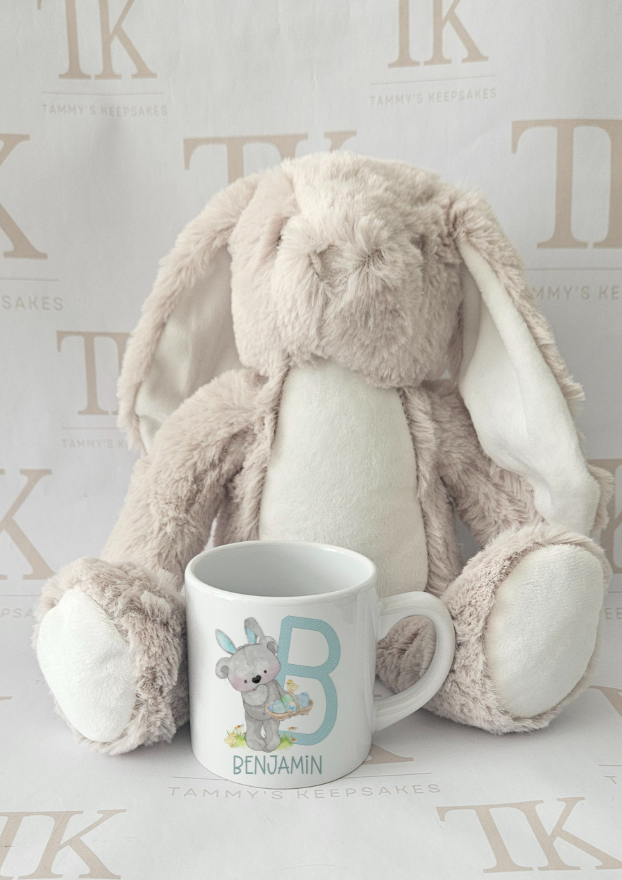 Blue easter alphabet bear ceramic mug