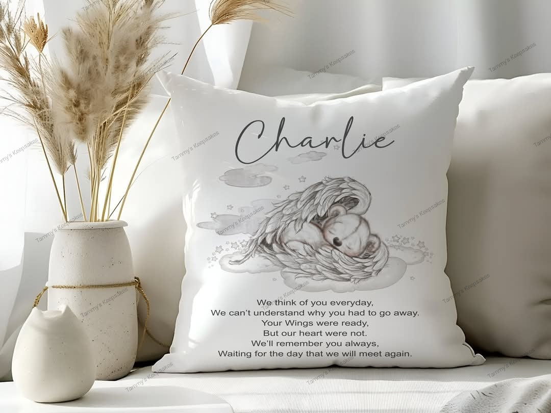 Personalised sketchy angel wing memorial cushion