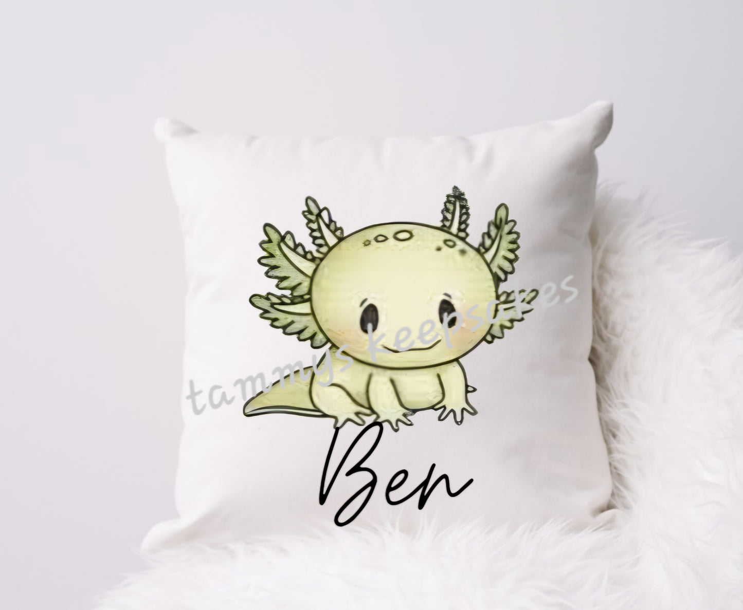 Personalised green axolotl cushion