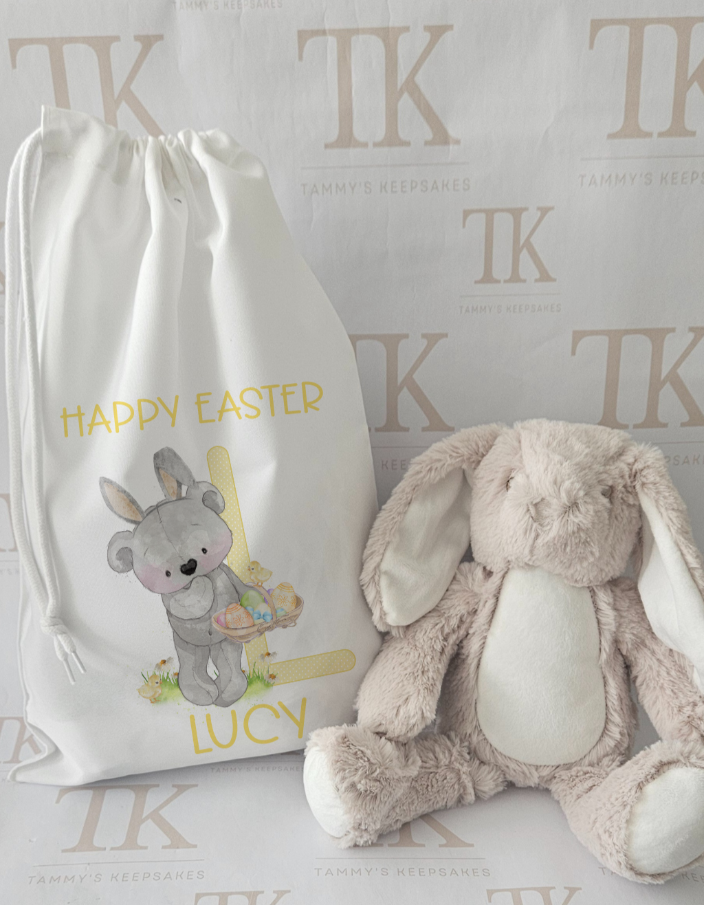 Alphabet bear easter drawstring bag