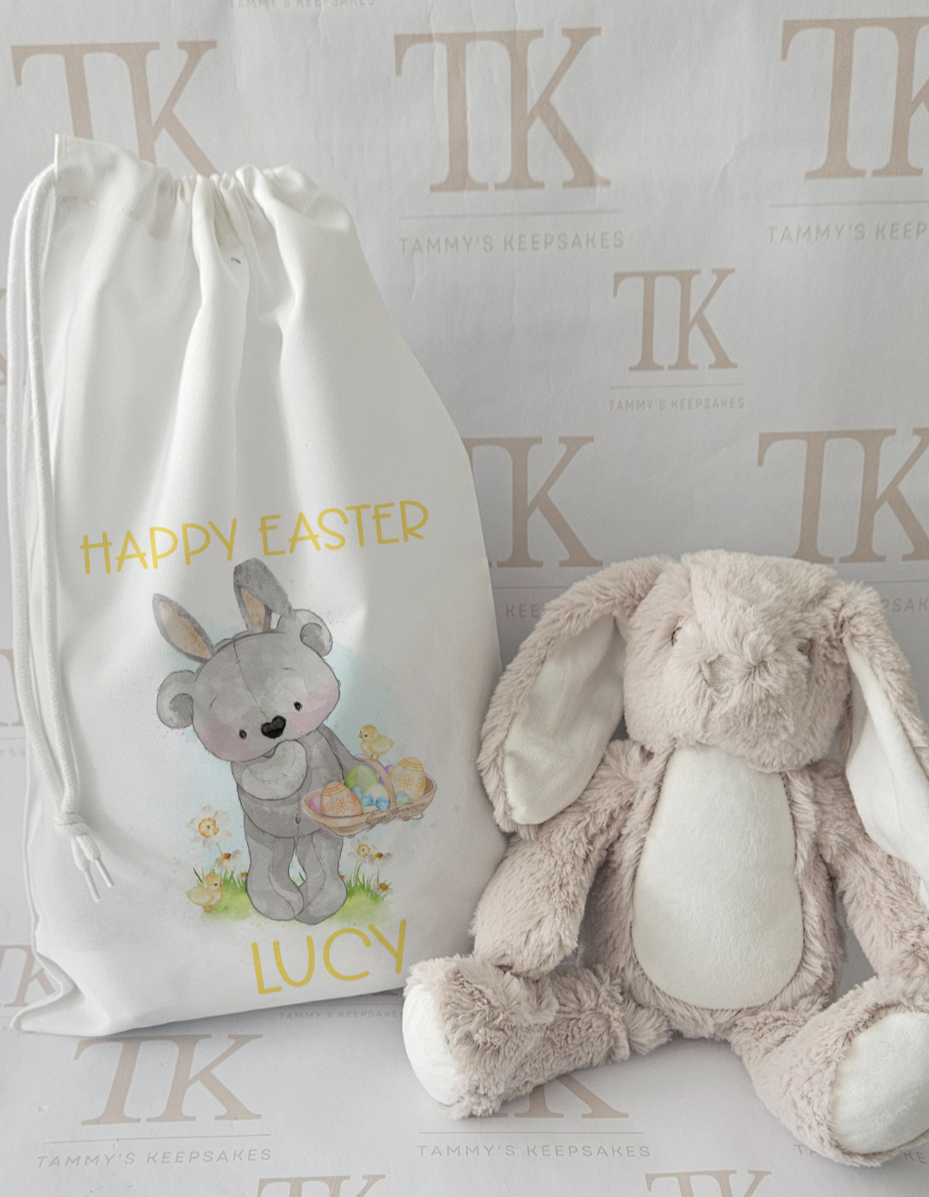 Happy easter grey bear drawstring bag