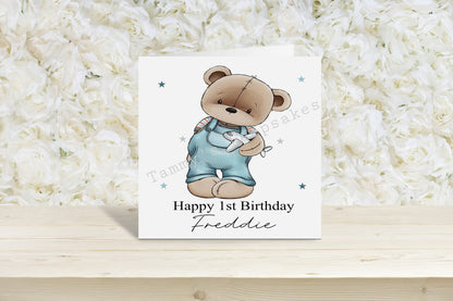 Dungaree bear 1st birthday card