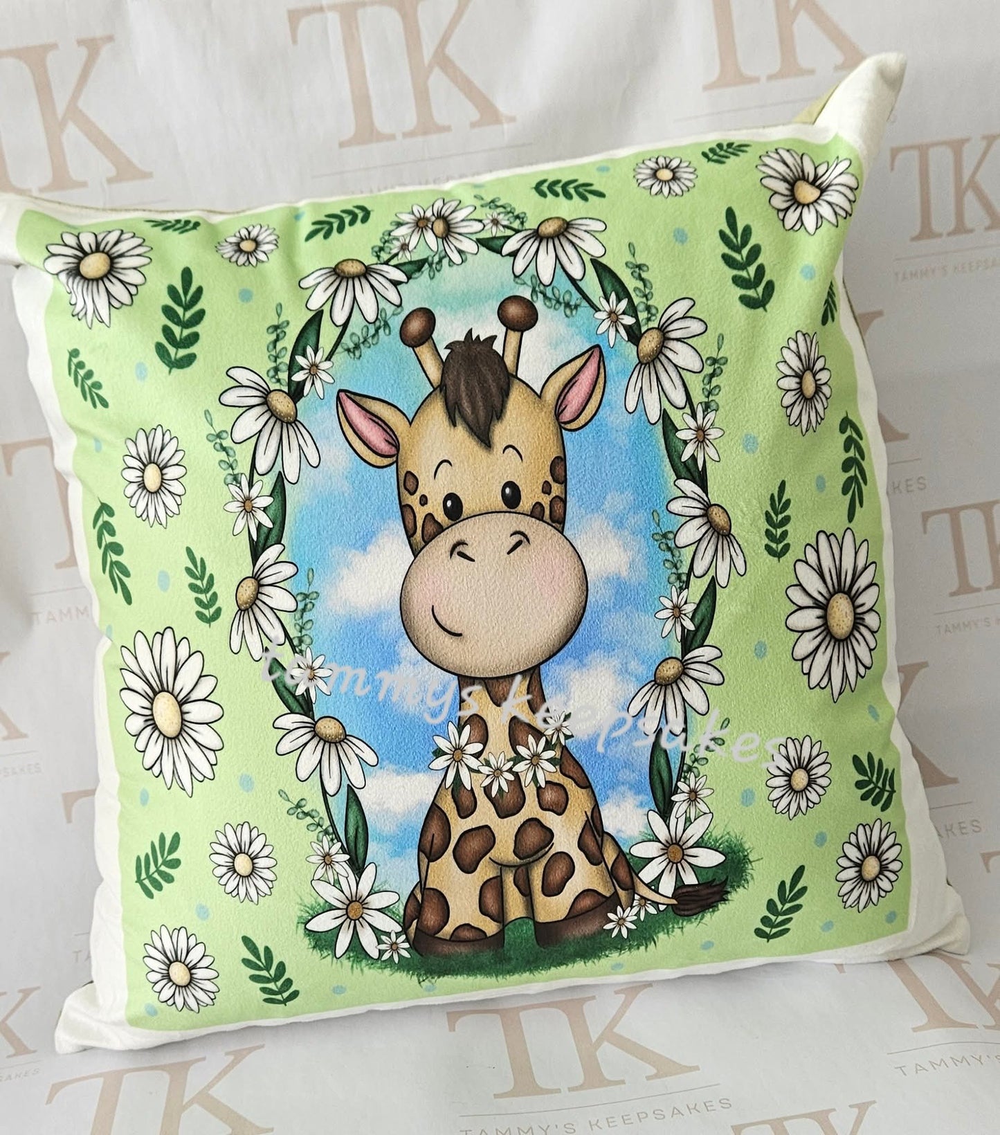 Spring floral giraffe cushion