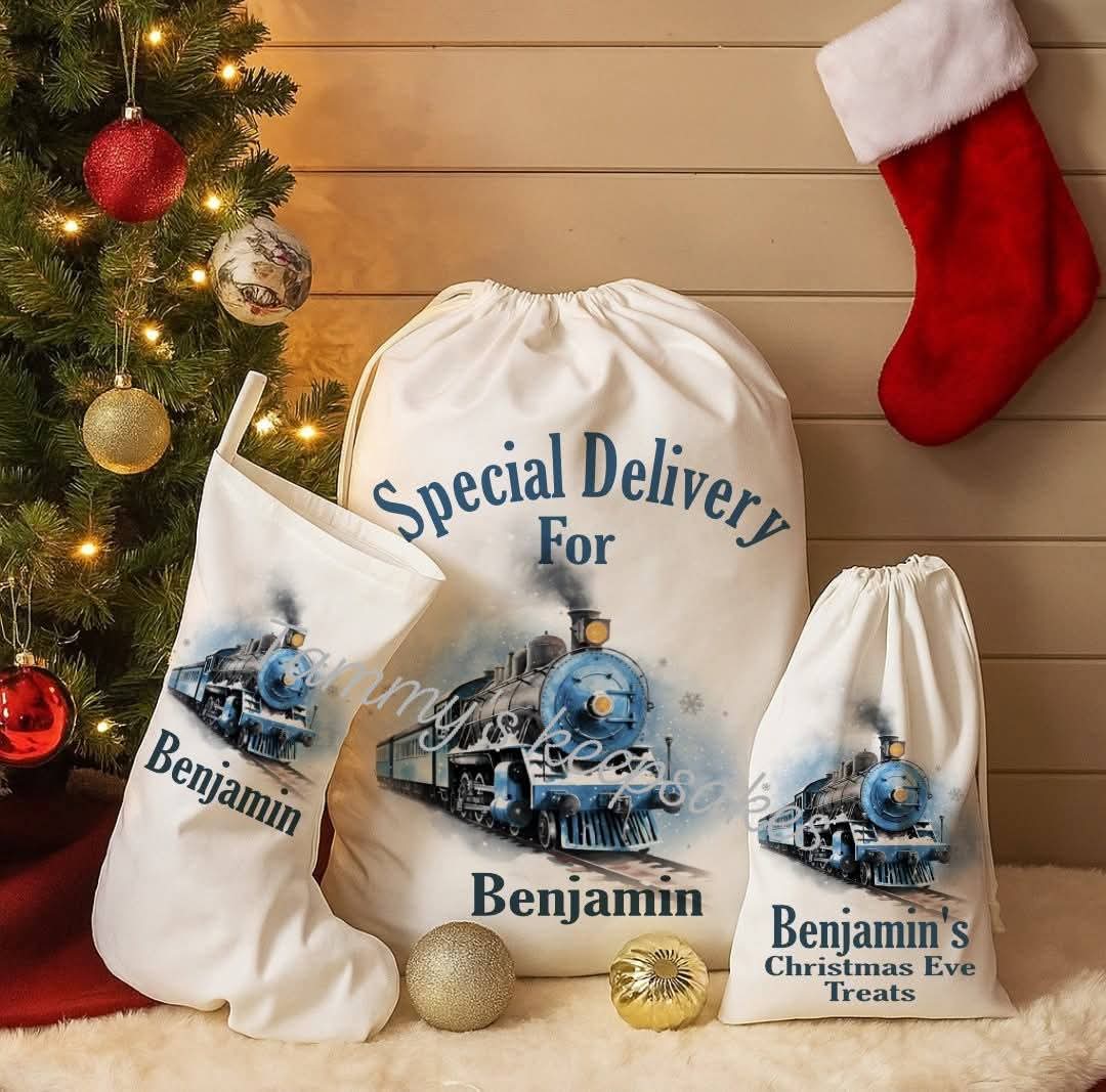 Matching personalised train Christmas Eve santa sack set