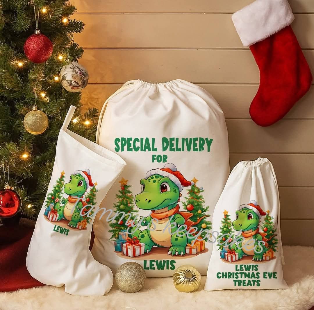 Matching personalised dinosaur Christmas Eve santa sack set