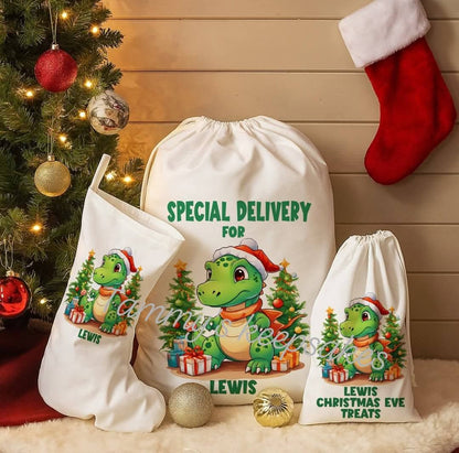 Matching personalised dinosaur Christmas Eve santa sack set