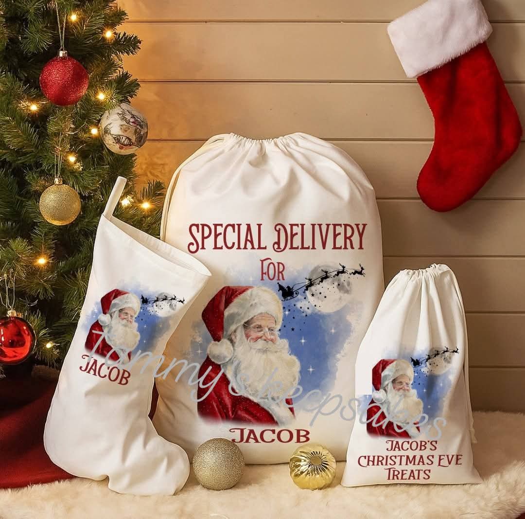 Matching personalised santa Christmas Eve santa sack set