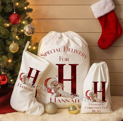 Matching personalised christmas Eve santa sack set