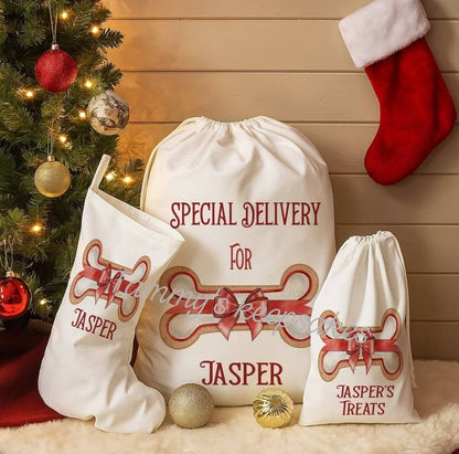 Matching personalised gingerbread bone pet Christmas Eve santa sack set