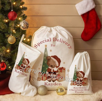Matching personalised bear Christmas Eve santa sack set