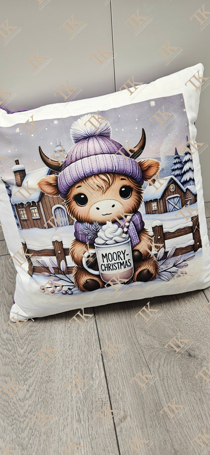 Purple highland cow cushion