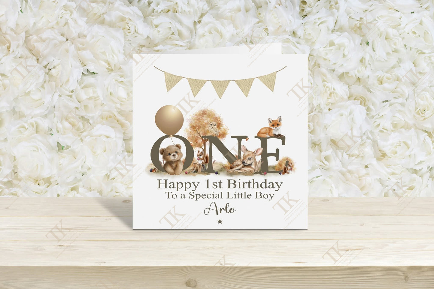 Personalised woodland animal first birthday card