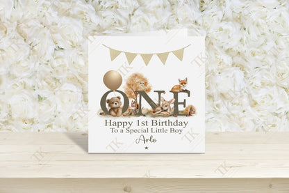 Personalised woodland animal first birthday card