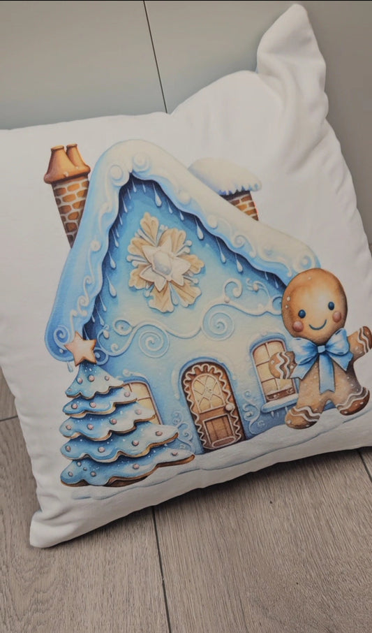 Blue gingerbread house cushion