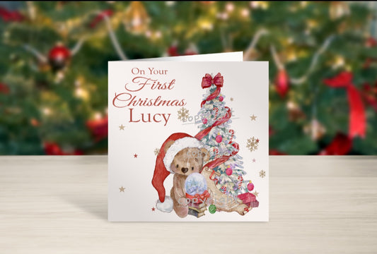 Red bear Baby's first Christmas card