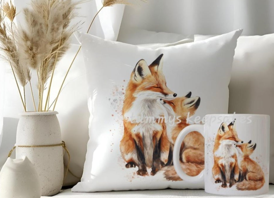 Watercolour fox and cub cushion and mug