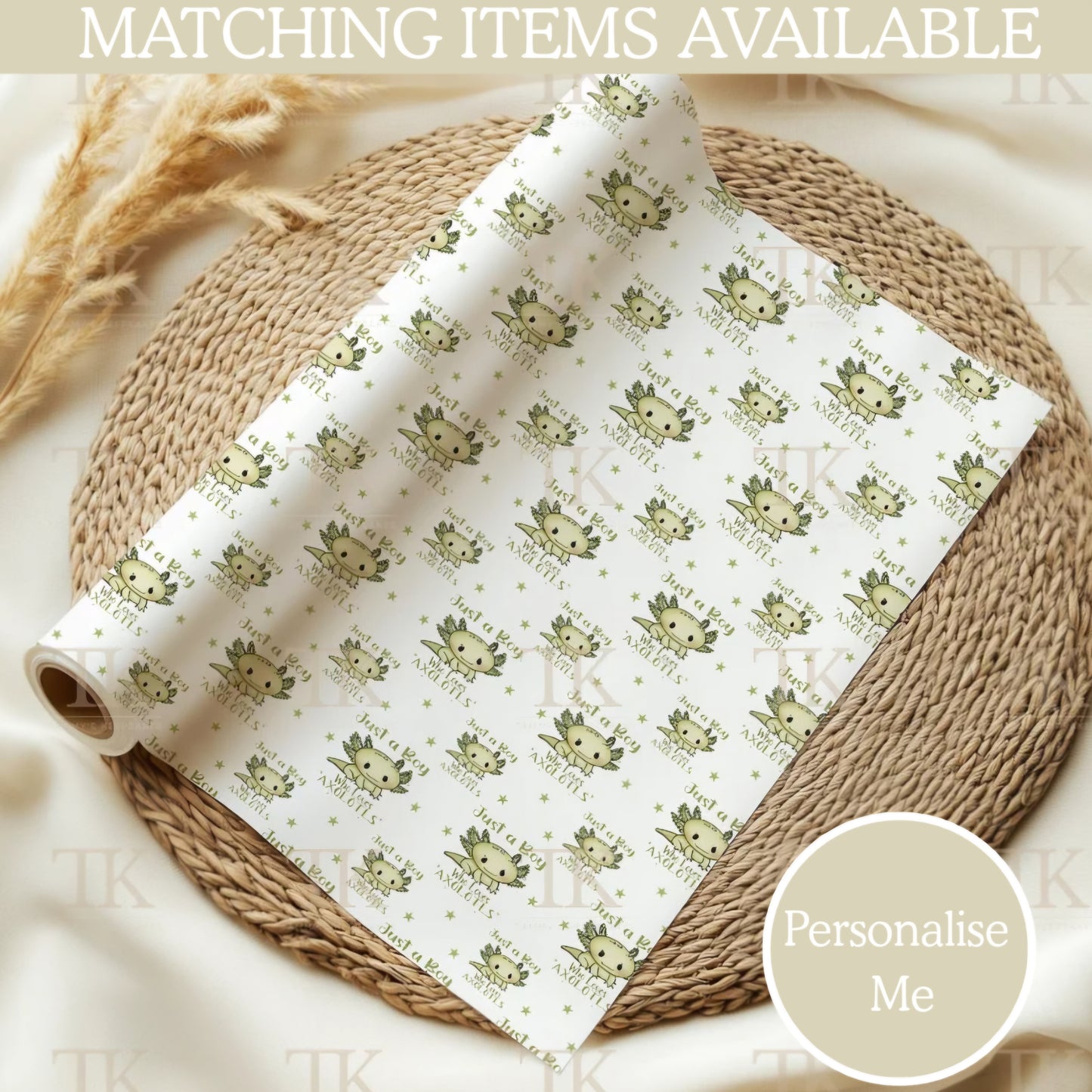 Green just a boy axolotl birthday wrapping paper