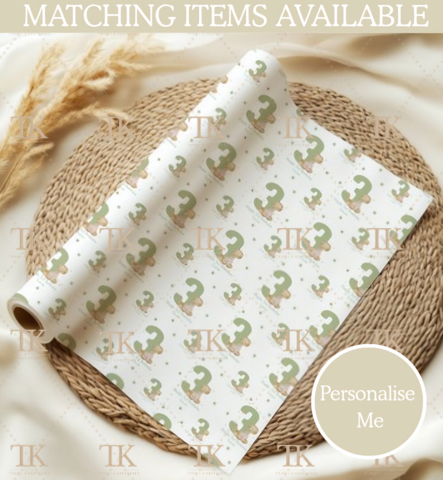 Green dino number wrapping paper