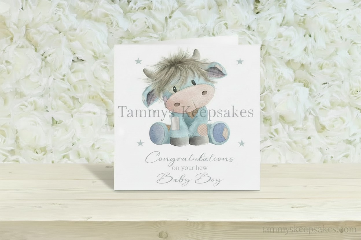 Highland coo new baby card