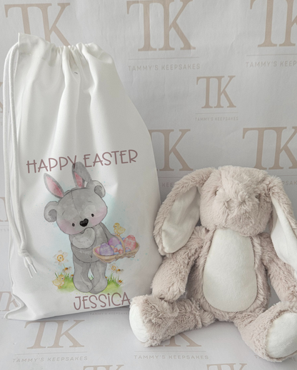Happy easter grey bear drawstring bag