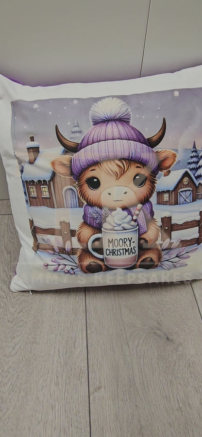 Purple highland cow cushion