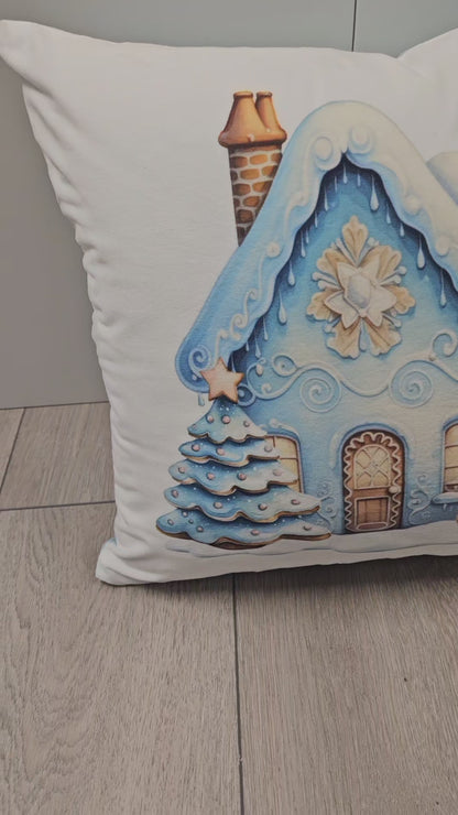 Blue gingerbread house cushion