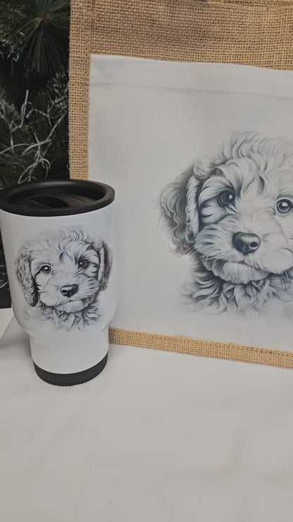 Sketchy Cockerpoo bag and travel mug set