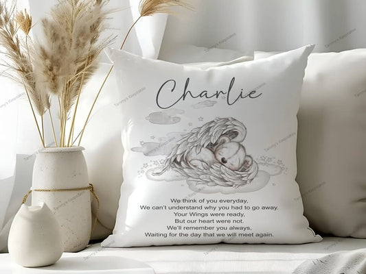 Personalised sketchy angel wing memorial cushion
