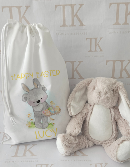 Happy easter grey bear drawstring bag